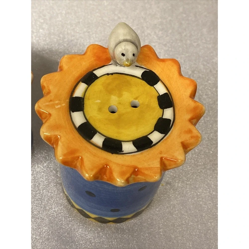 Salt & Pepper Shakers SunFlower With Bird Hand Painted 3Oz. Colorful Pre-Owned